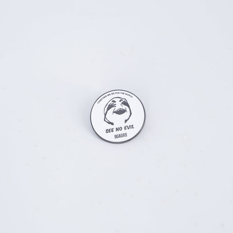 9GAG x GRS metallic pin representing the ideology of see no evil