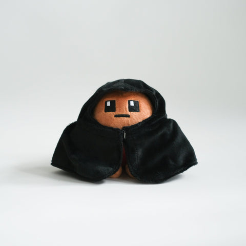 Potatoz plush toy with a black hood on a white background
