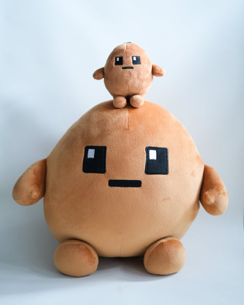Two Potatoz plush toys, one larger and one smaller, on a light gray background