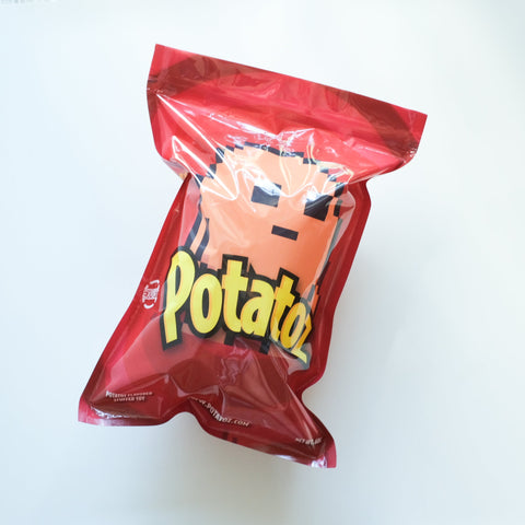 Red Potatoz bag and 'Potato' text on a white background