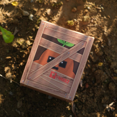 Wooden Potatoz box with a character design on a natural background