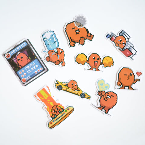 Set of Potatoz pixel art character stickers on a white background