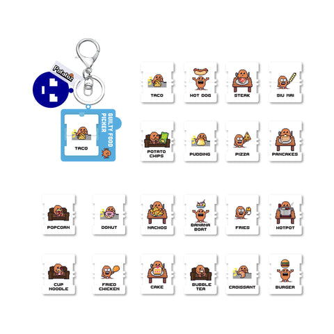 Set of Potatoz character-themed keychains and cards on a white background