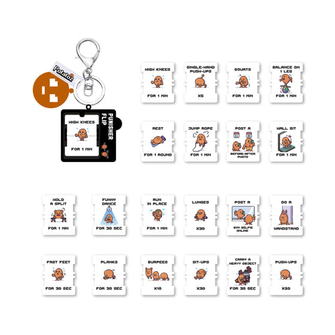 Set of Potatoz fitness challenge cards with a keychain and card holder on a white background